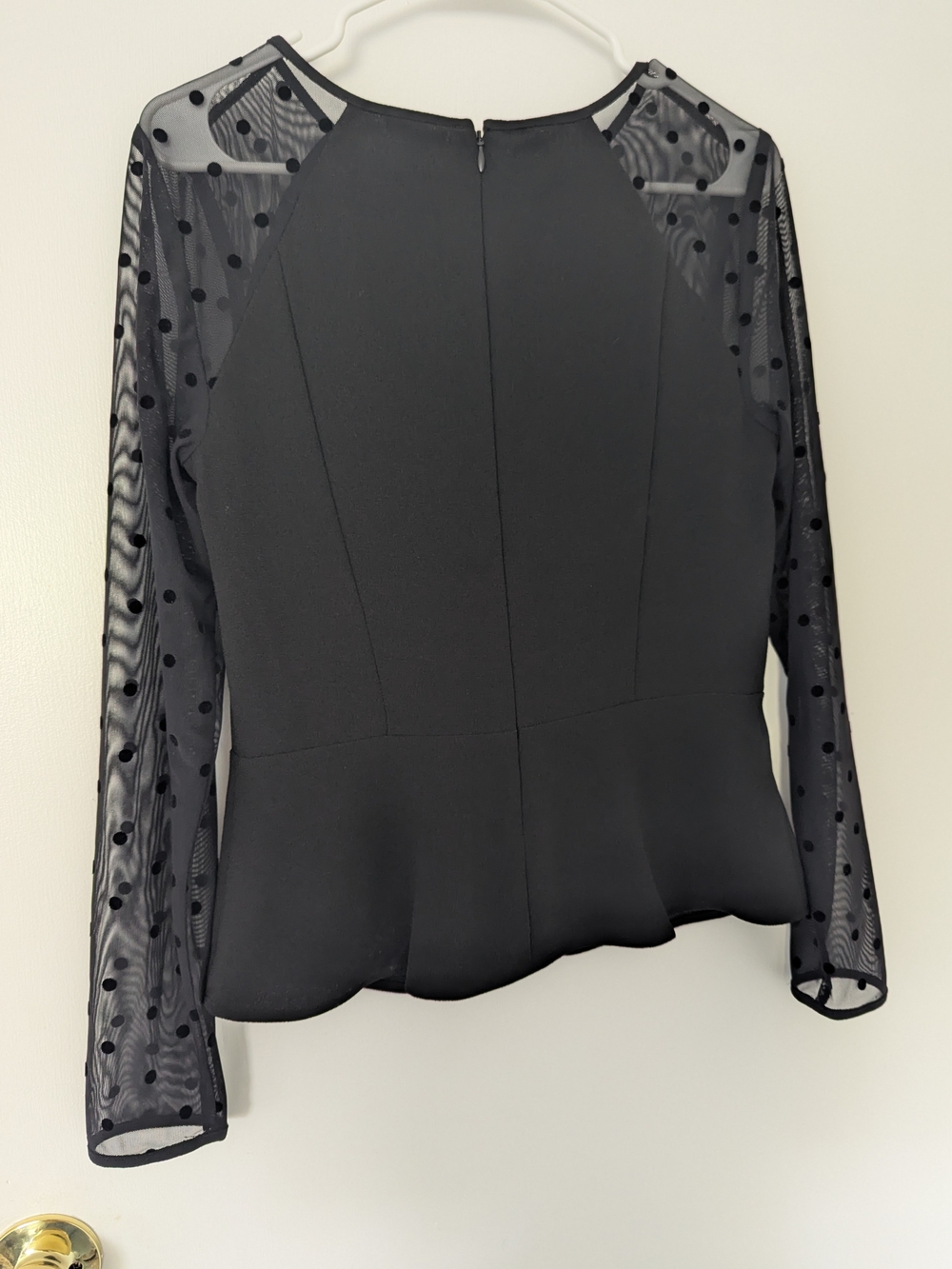 Ann Taylor Peplum Blouse Size 4 Black Polka Dot Mesh Sleeve Zip Back Top - Picture 8 of 12